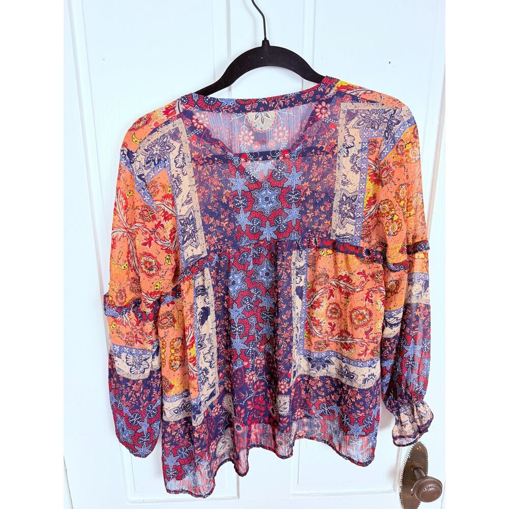Knox Rose Boho Patchwork Print Blouse Sz S Sheer V Neck Peasant Top Rust Navy